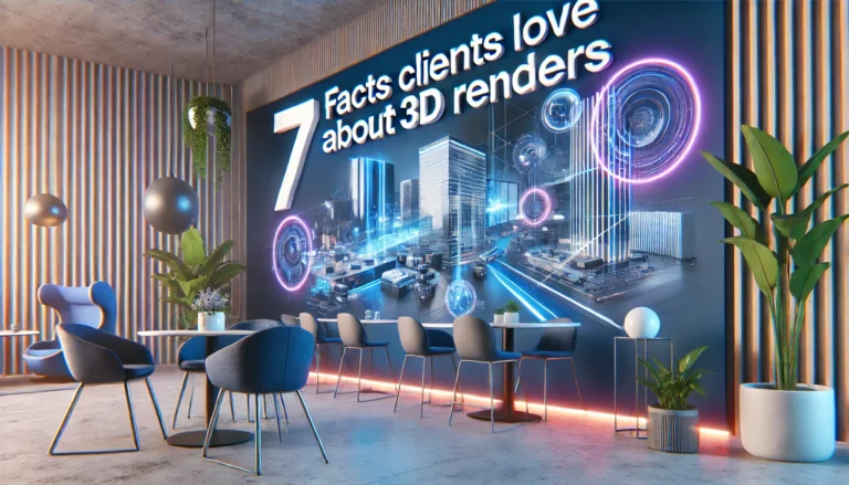 DALL·E 2024 08 26 22.18.21 A vibrant and modern blog banner with the title 7 Facts Clients Love About 3D Renders. The design should include sleek 3D render elements such as fu