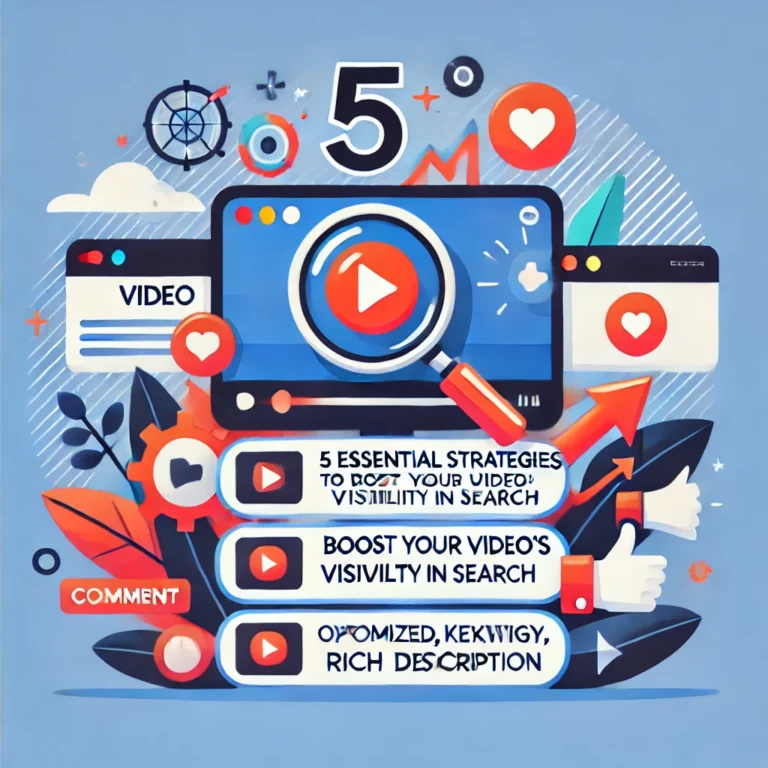 DALL·E 2024 09 13 22.33.39 A flat illustration representing 5 Essential Strategies to Boost Your Videos Visibility in Search. The design should include five key elements 1