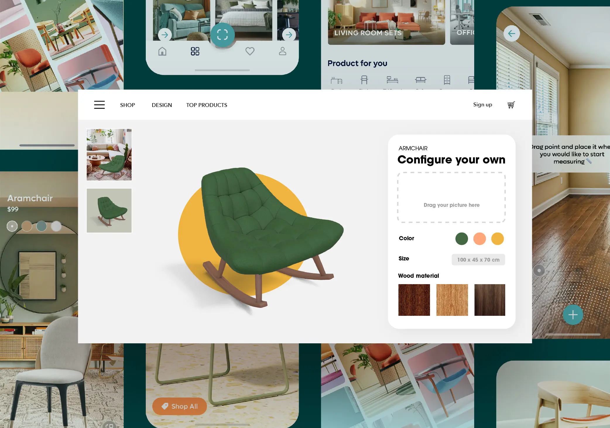 3D Configurator Solutions app showing a customizable green armchair with options for color, size, and wood material