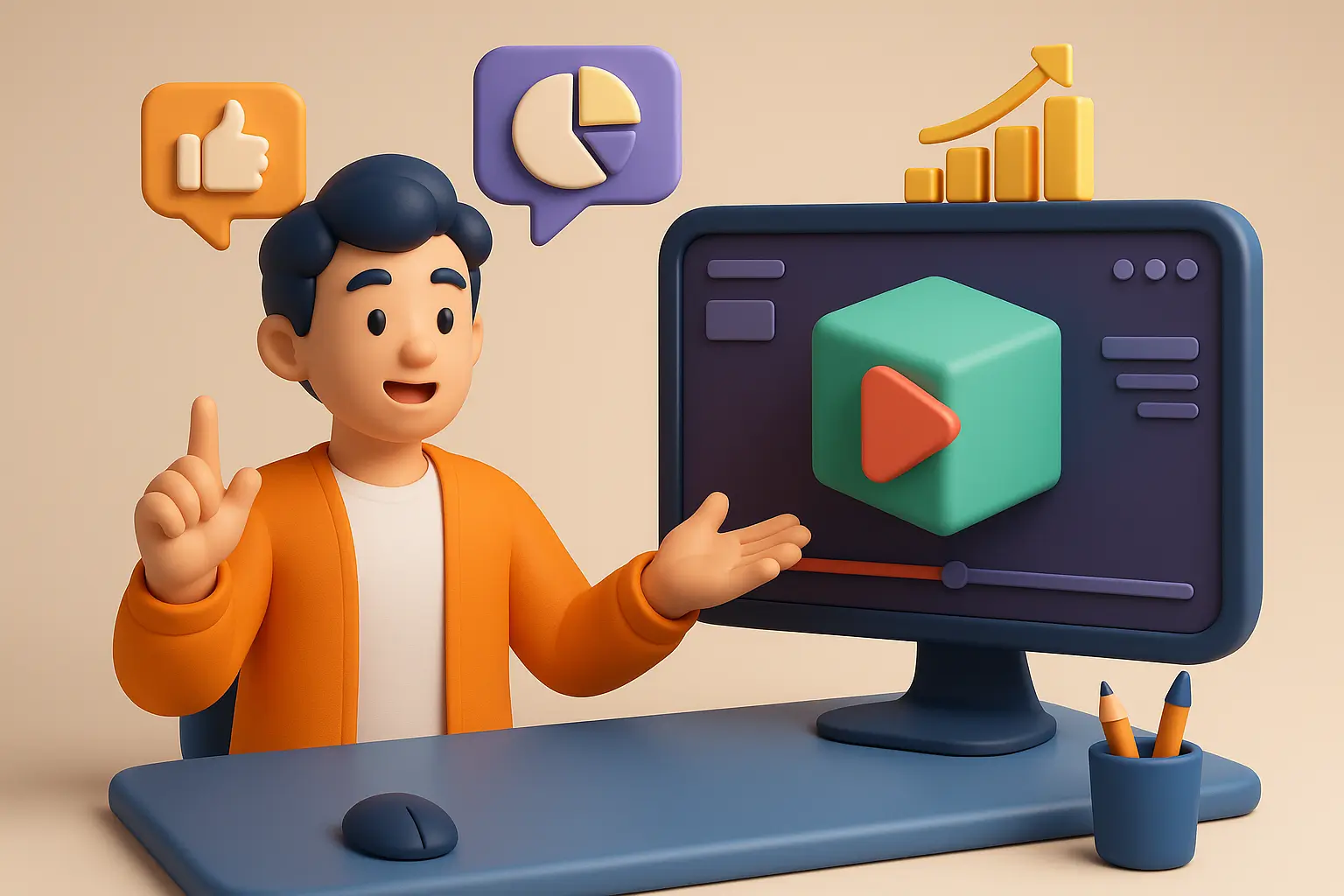 3D illustration of a character presenting a 3D explainer videos with charts and a play button