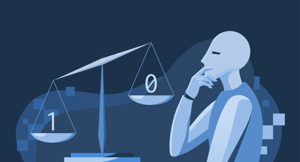 Artificial Intelligence in Business: How AI is Reshaping the Future 2 A humanoid figure thoughtfully analyzing a scale weighing binary numbers 1 and 0, representing ethical dilemmas in artificial intelligence.