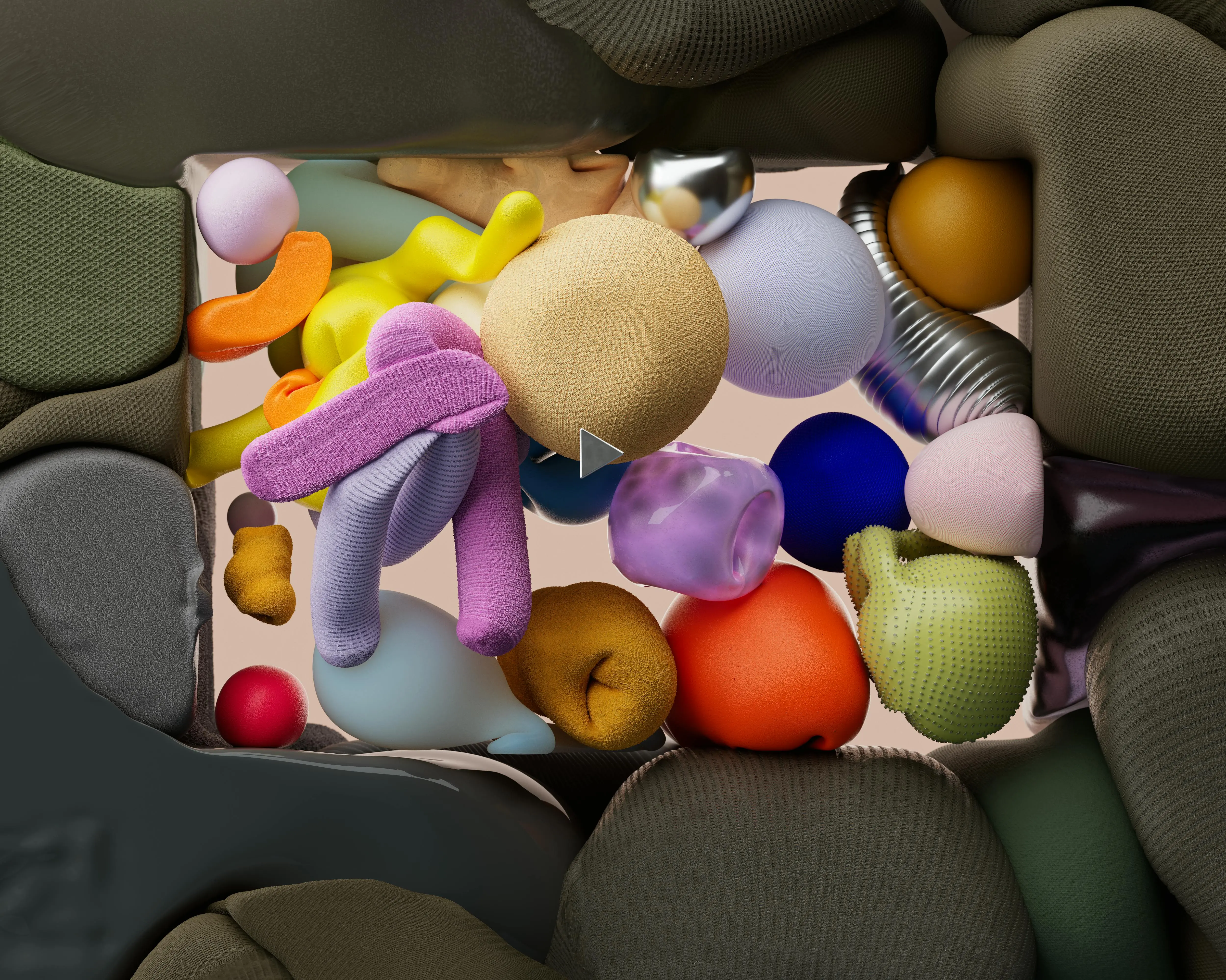 Exploring the Impact of 3D Video Technologies on B2B Marketing Strategies 1 abstract 3D shapes composition in varied textures, shapes and colors, symbolizing the immersive possibilities of 3D video technology