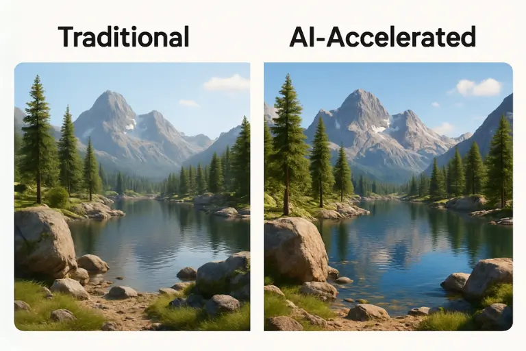render scene side-by-side with traditional vs. AI-accelerated output