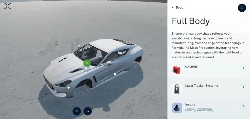 interactive 3D car model showcasing full-body aerodynamic inspection tools for automotive manufacturing, featuring CALIPRI, laser tracker systems, and Inspire software used in quality control and precision engineering