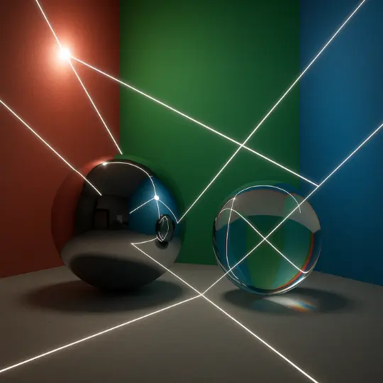 ray-traced render with light bounces traced, showing reflection and refraction paths