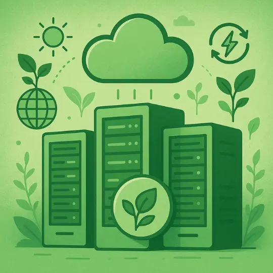 “green rendering” concept art with visual of cloud servers + eco-friendly iconography