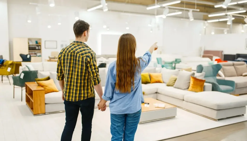 Bringing Virtual Consistency to Online Furniture Retail in Nailing Color and Lighting Accuracy 2 Couple shopping for modern sofas in a large furniture showroom, exploring stylish home decor and interior design options connected to online furniture retail