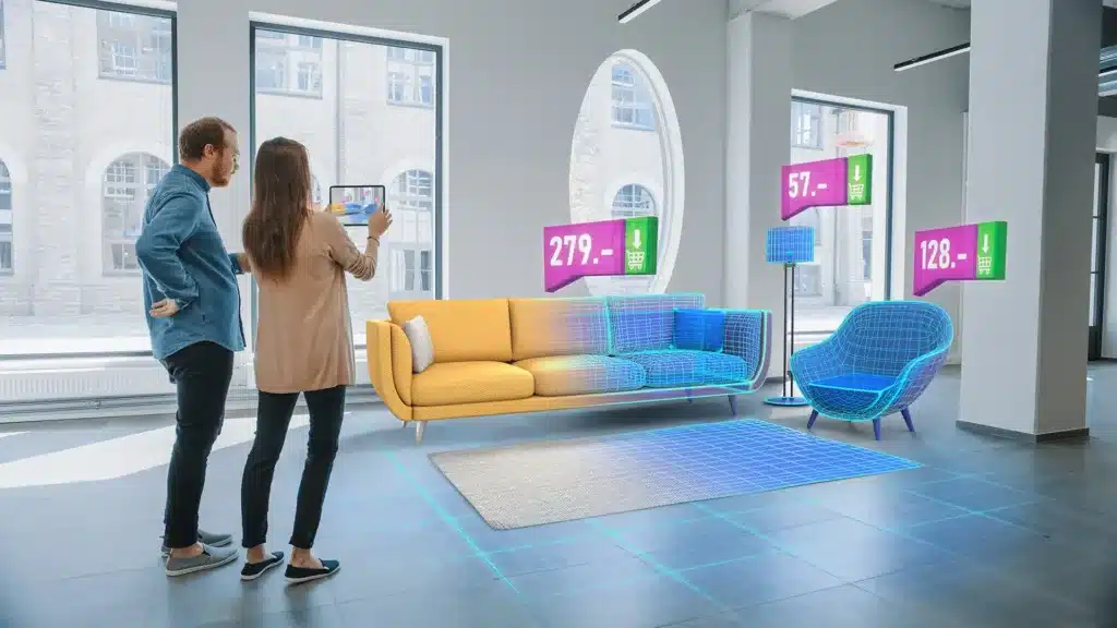 Augmented Reality Furniture: The Future of eCommerce Shopping 3 Couple shopping with augmented reality furniture in a showroom