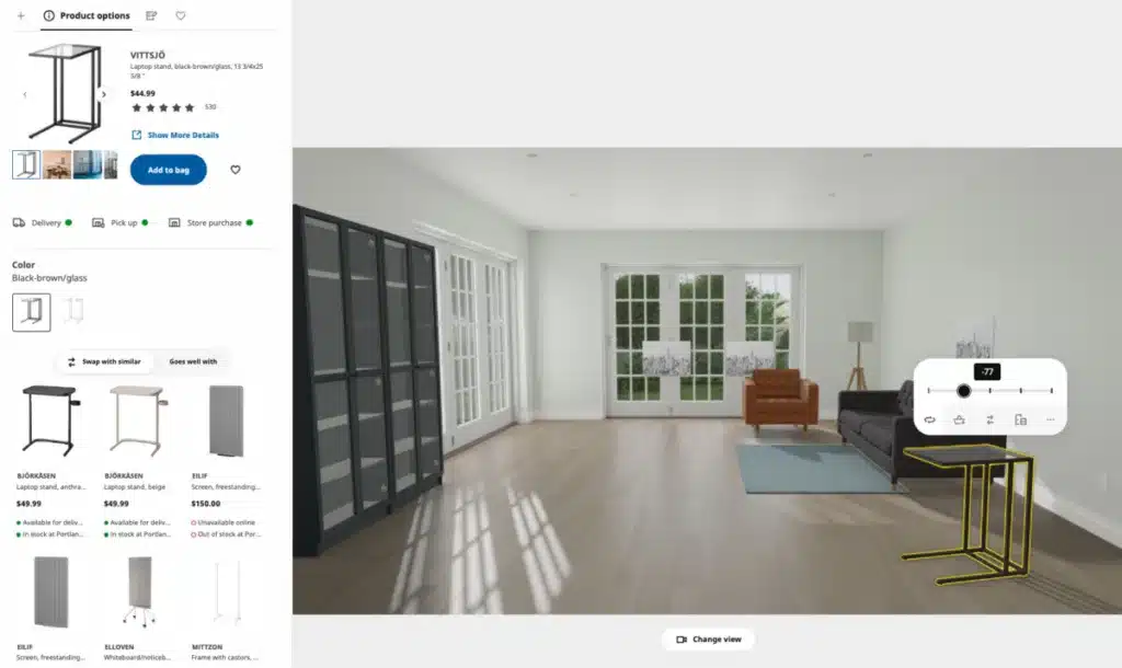 Bringing Virtual Consistency to Online Furniture Retail in Nailing Color and Lighting Accuracy 3 Modern living room layout preview from an online furniture retail store featuring a laptop stand displayed alongside sofa armchair cabinets and floor lamp in a minimalist interior design setting