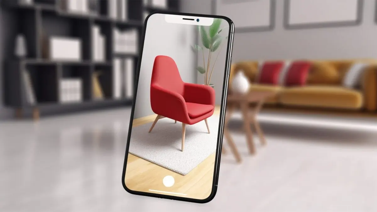 Smartphone displaying augmented reality furniture placement of a chair