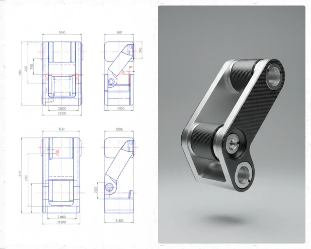 3D Modeling for Business Growth to Overcome Challenges and Maximize ROI 2 Side-by-side view showing a detailed technical drawing of a mechanical component on the left and a realistic 3D modeling render of the same part on the right, representing how 3D modeling helps boost ROI and solve business challenges in product design