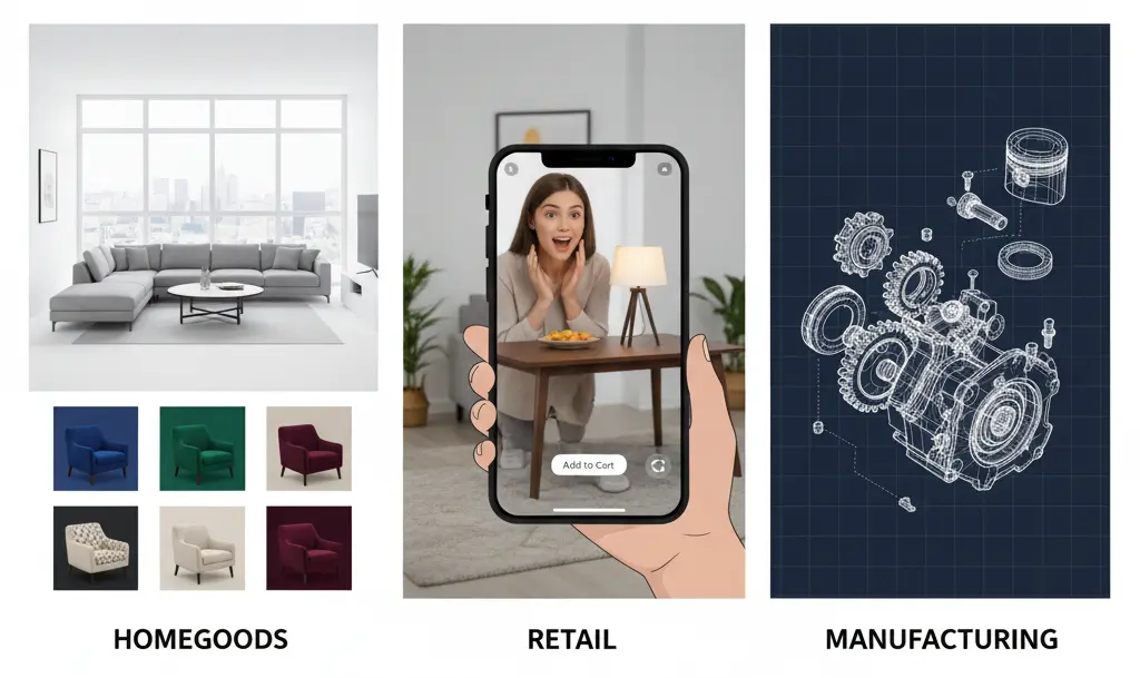 The Real Truth: Why is 3D Modeling Expensive (And Worth Every Penny) 4 3D Modeling Expensive applications in homegoods, retail, and manufacturing, showcasing virtual furniture visualization, augmented reality shopping, and detailed CAD engineering blueprints