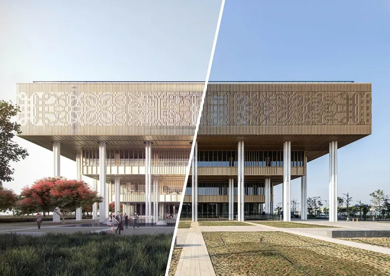 The Real Truth: Why is 3D Modeling Expensive (And Worth Every Penny) 4 3D Modeling Expensive architectural design comparison between realistic rendering and completed modern building, highlighting visualization accuracy for construction projects