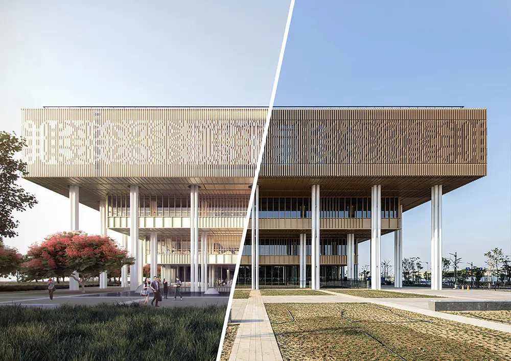 3D Modeling Expensive architectural design comparison between realistic rendering and completed modern building, highlighting visualization accuracy for construction projects