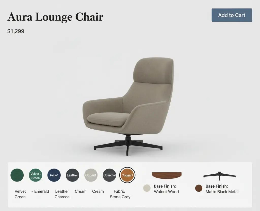 The Real Truth: Why is 3D Modeling Expensive (And Worth Every Penny) 2 3D Modeling Expensive product visualization of Aura Lounge Chair with fabric, leather, and wood finish customization options for e-commerce retail display