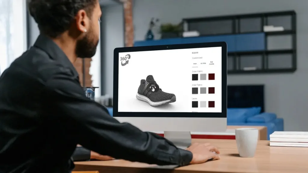 Revolutionize Your Business: The Ultimate 3D Visualization Guide for Furniture & Marketing 2 3D visualization for e-commerce product customization, with a customer designing shoes online by selecting fabrics, colors, and styles in an interactive 360-degree view