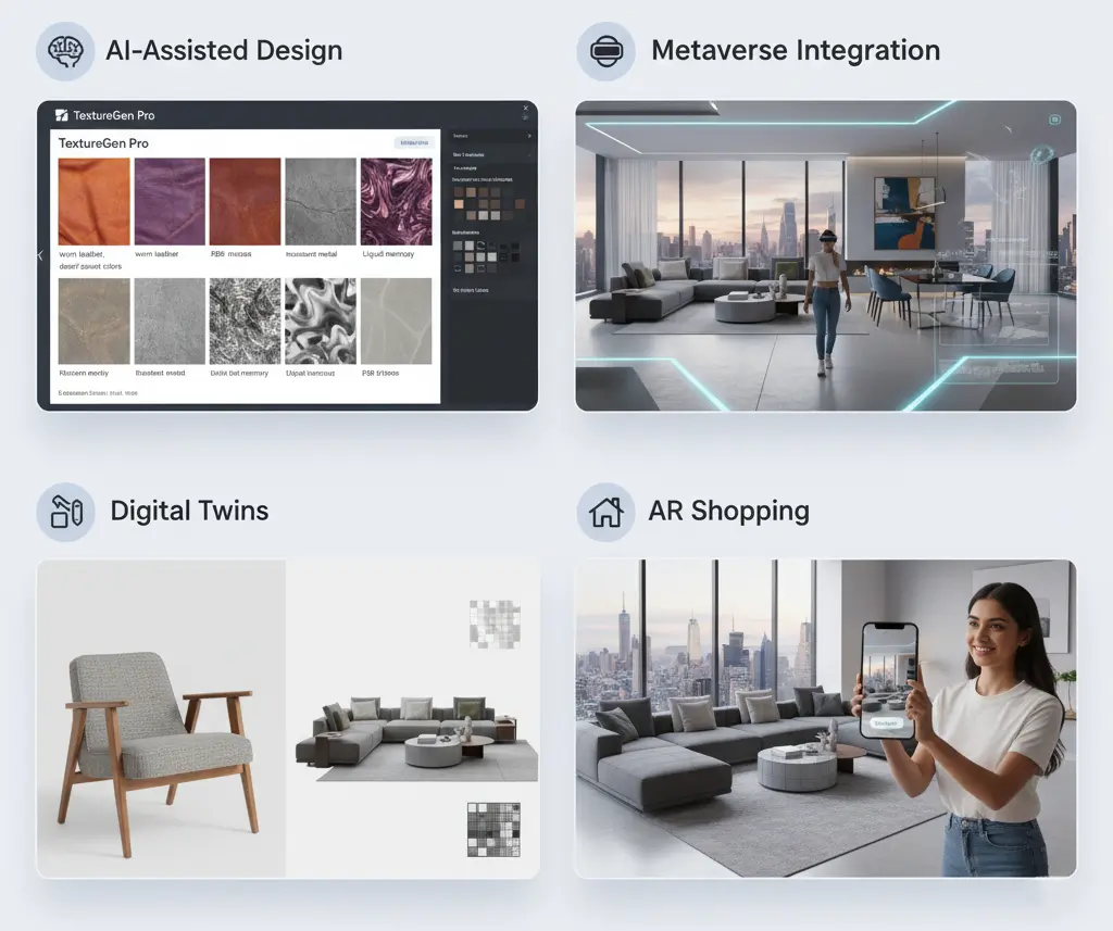 Revolutionize Your Business: The Ultimate 3D Visualization Guide for Furniture & Marketing 4 3D visualization for interior design and e-commerce, showcasing AI-assisted design tools, metaverse integration for virtual spaces, digital twins for furniture, and AR shopping for real-time product placement