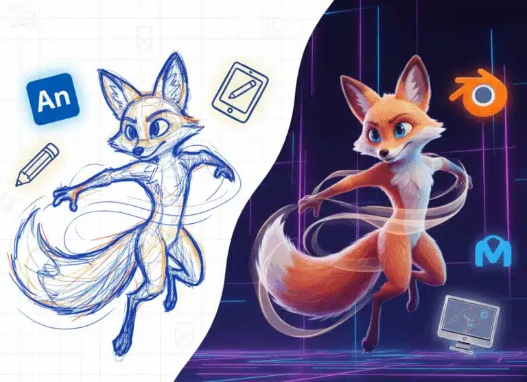 A side-by-side comparison of a fox character evolving from 2D animation sketch to detailed 3D render, representing professional 2D and 3D animation services for digital art and character design