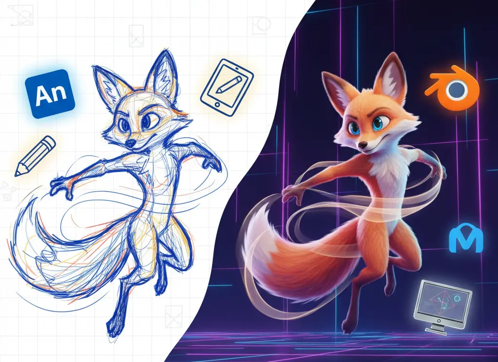A side-by-side comparison of a fox character evolving from 2D animation sketch to detailed 3D render, representing professional 2D and 3D animation services for digital art and character design
