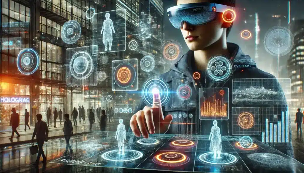 A futuristic artist using augmented reality and holographic tools to create immersive visual content, symbolizing advanced 2D and 3D animation services for virtual environments and digital experiences