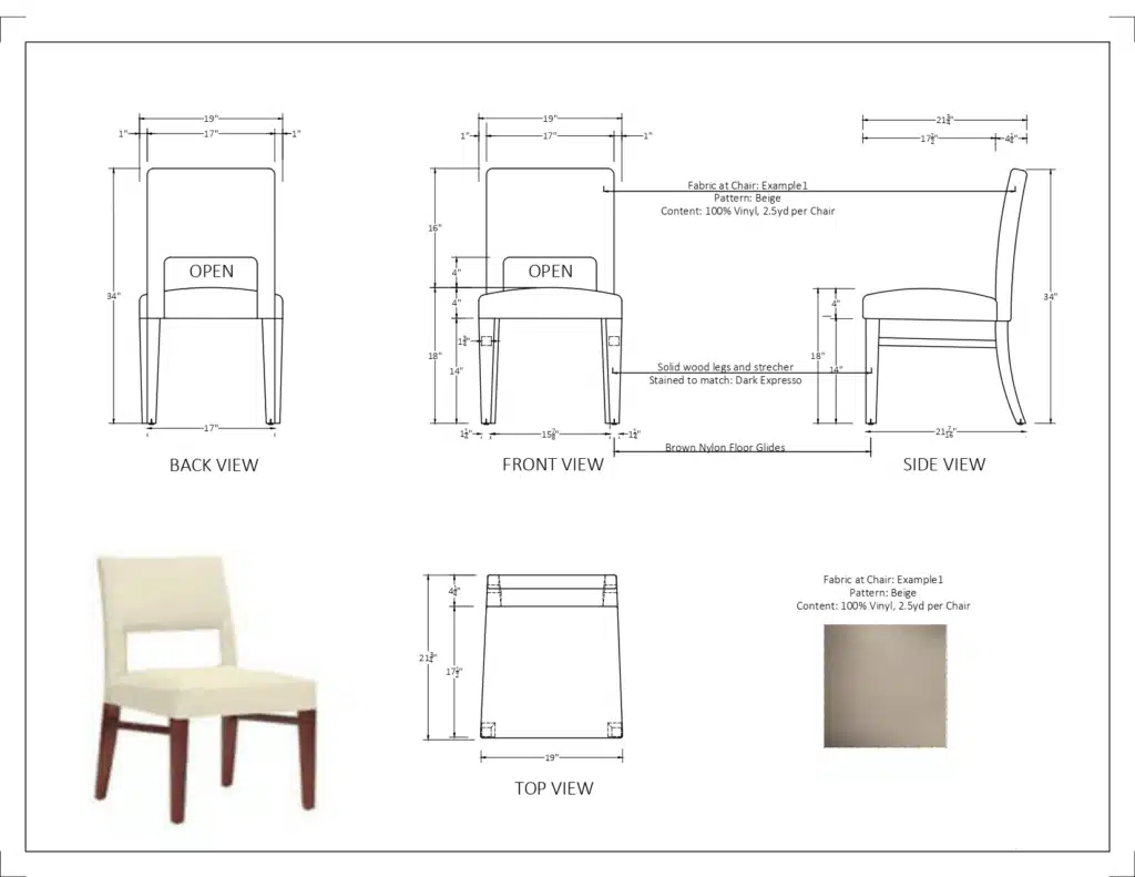 The Ultimate Guide to CAD Drafting Services for Furniture Manufacturers 2 AutoCAD furniture drafting example of a chair with front, back, side, and top views. CAD drafting services showcase precise dimensions, solid wood frame details, fabric pattern specifications, and upholstery material sample for professional furniture design
