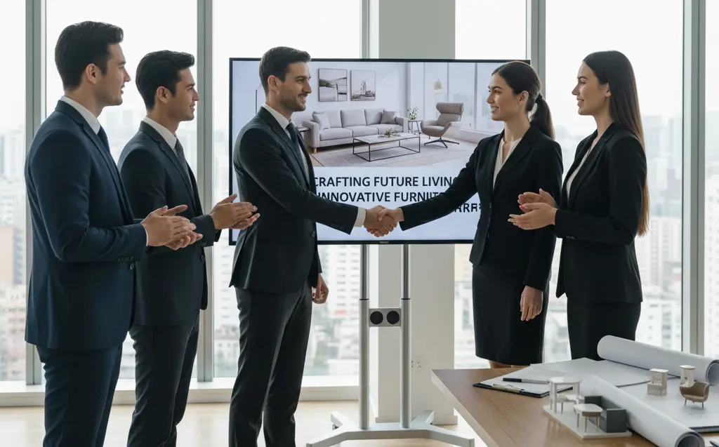 The Ultimate Guide to CAD Drafting Services for Furniture Manufacturers 4 Business professionals shaking hands in a modern office after a successful CAD drafting services presentation on innovative furniture design. A digital screen shows a 3D furniture model while team members applaud, highlighting collaboration in CAD furniture drafting and design projects.png