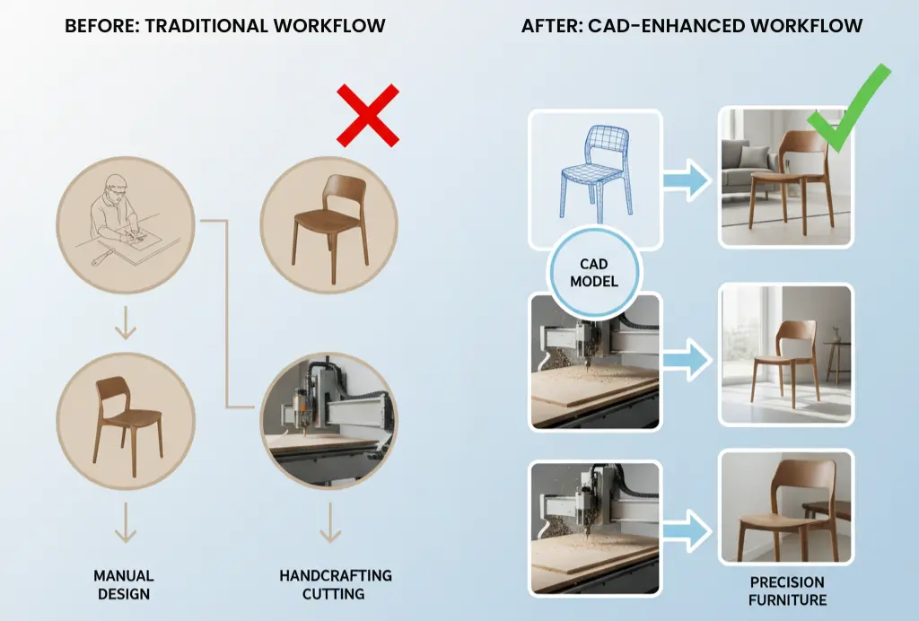 The Ultimate Guide to CAD Drafting Services for Furniture Manufacturers 3 Comparison of traditional furniture design and modern CAD drafting services. The left side shows manual design and handcrafted cutting, while the right side highlights CAD furniture design workflow with 3D CAD models, automated cutting, and precision furniture production