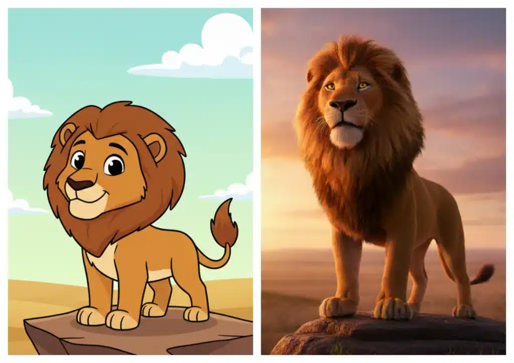 Comparison of a cute cartoon lion in 2D animation and a lifelike 3D lion, showcasing the transformation achieved through expert 2D and 3D animation services