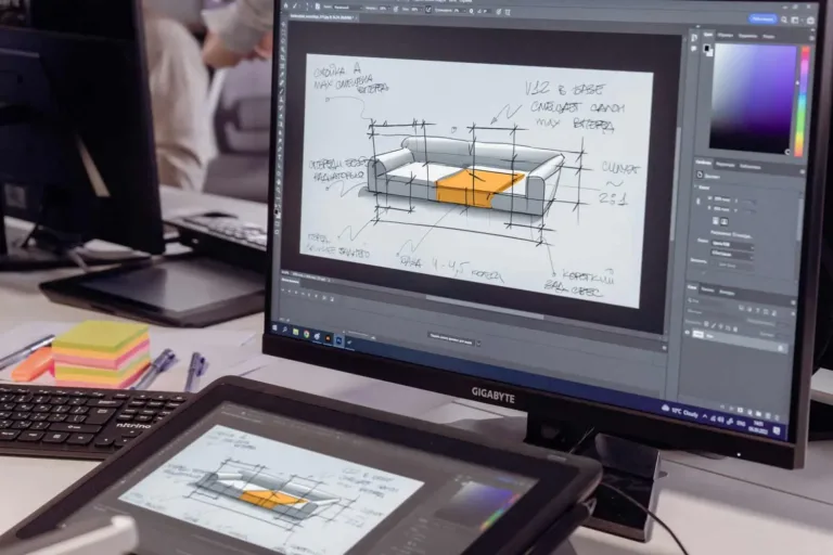 The Ultimate Guide to CAD Drafting Services for Furniture Manufacturers 6 Furniture designer using CAD drafting services and AutoCAD software on a computer and digital tablet to create a 3D sofa model. The CAD design includes annotations, measurements, and drafting details for accurate furniture manufacturing