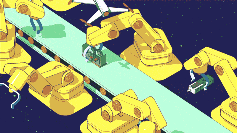 CGI for business animation showing robotic arms assembling products on an automated production line, symbolizing innovation and manufacturing efficiency.