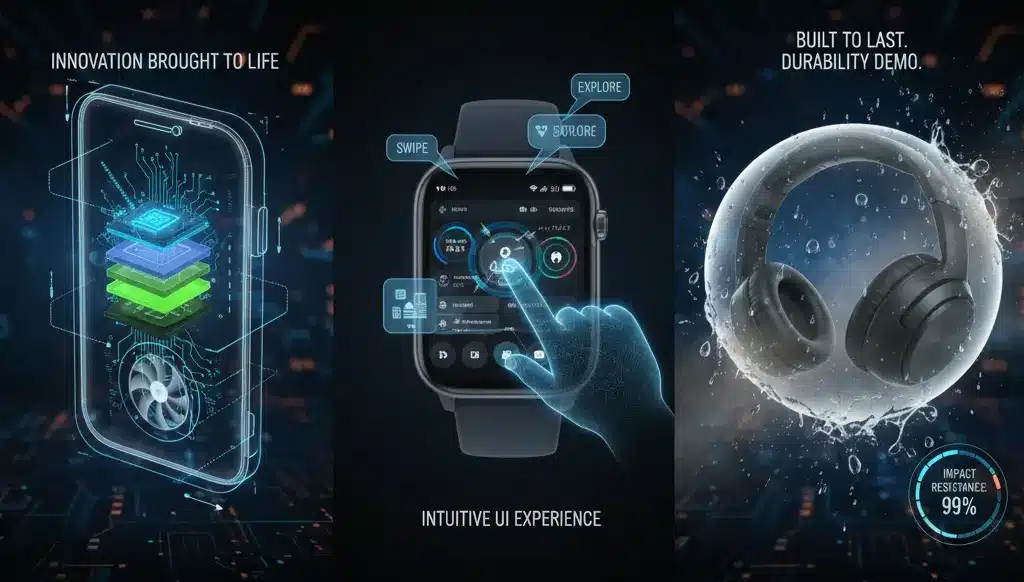 CGI for business showcasing 3D tech product demos such as a smartphone’s internal design, smartwatch interface, and waterproof headphones illustrating innovation and durability.