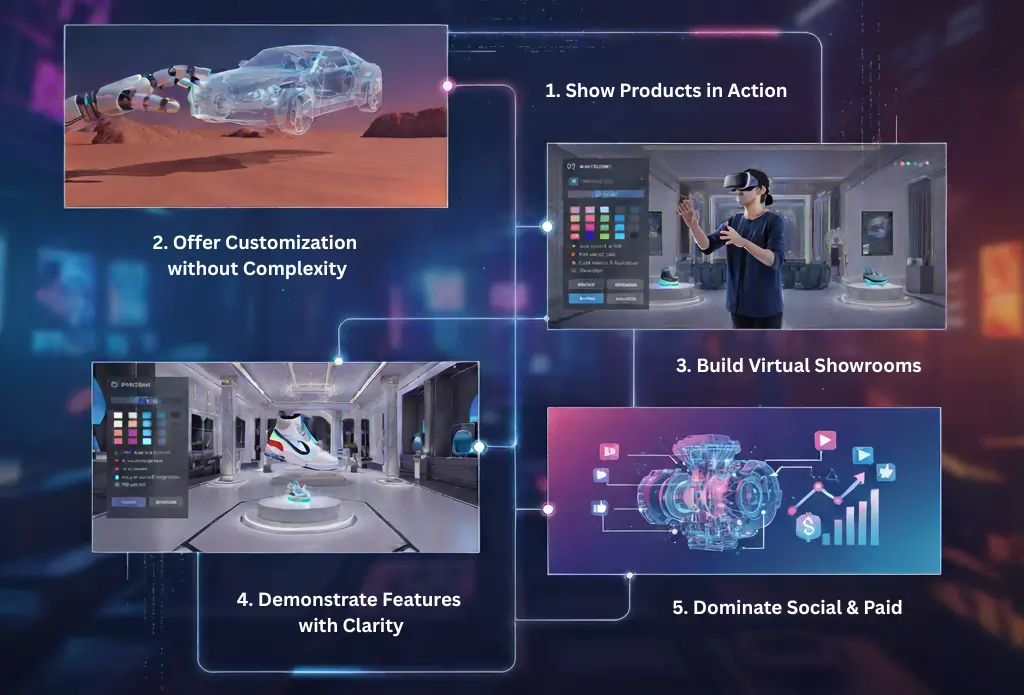 CGI for business showcasing product visualization, easy customization, virtual showrooms, clear feature demos, and powerful social marketing.