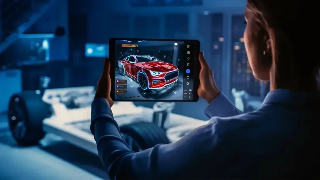CGI for business showing a designer using a tablet to visualize a 3D-rendered red car in augmented reality for automotive design and prototyping.