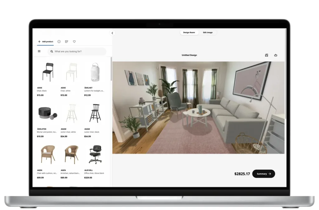 CGI for business showing a virtual interior design tool where users customize furniture and decor in a 3D-rendered living room.