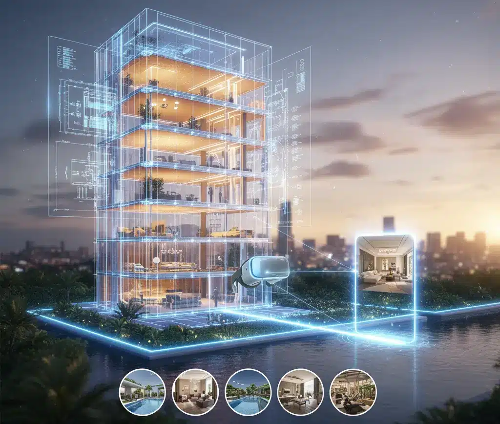 CGI for business visualizing a futuristic smart building in 3D, showcasing virtual architecture design and immersive property visualization through VR technology.