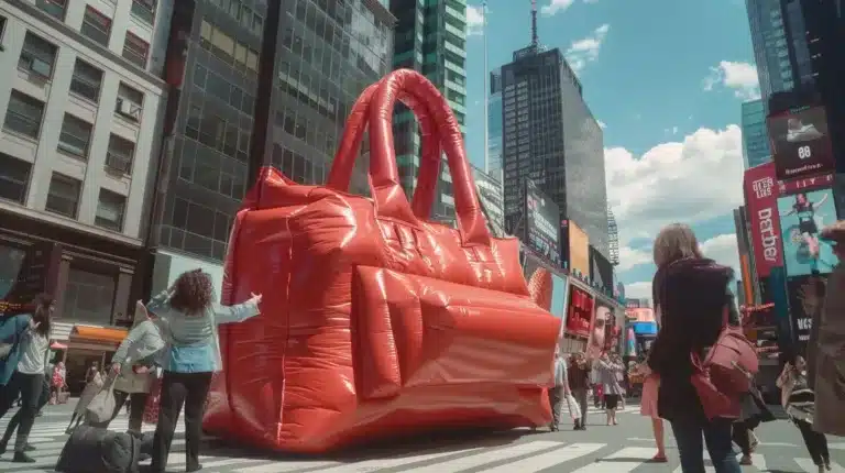 CGI for Business: Unstoppable Visuals that Drive Sales & Engagement 4 Giant red handbag in city street created with CGI for business marketing.